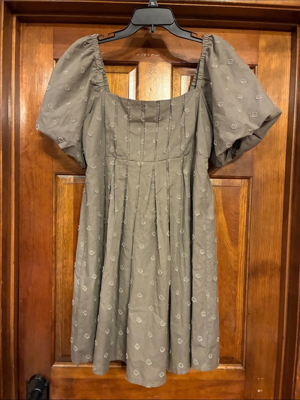NWT Medium “And Now This” Crushed Oregano Puff-Sleeve Pleated Dress (ABBA)
